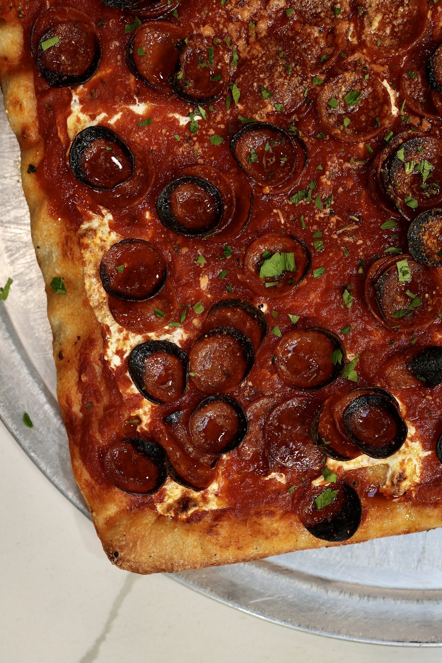 Rectangular pizza with pepperoni from Livoti's Old World Market