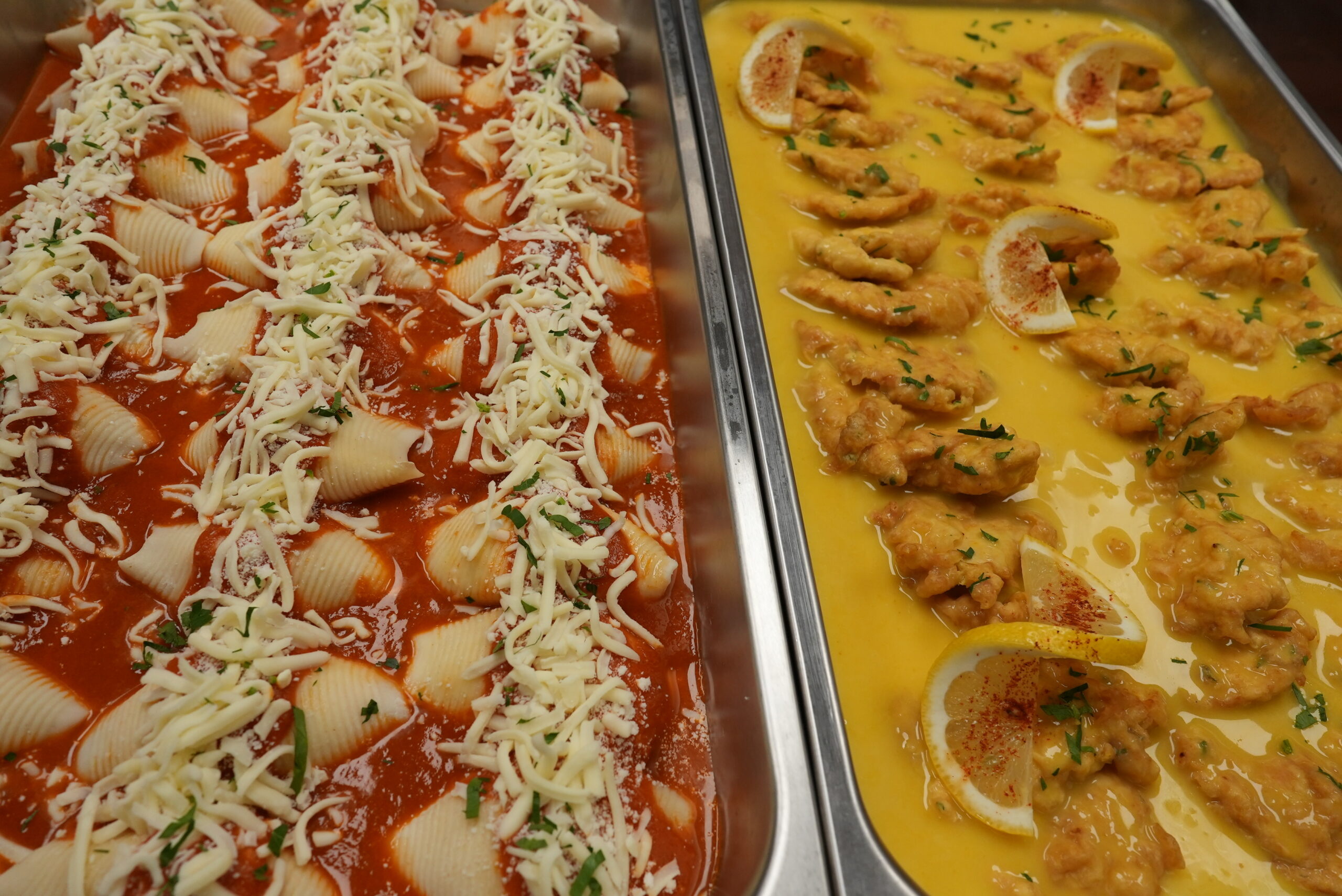 Chicken francese and stuffed shells available for catering from Livoti's Old World Market